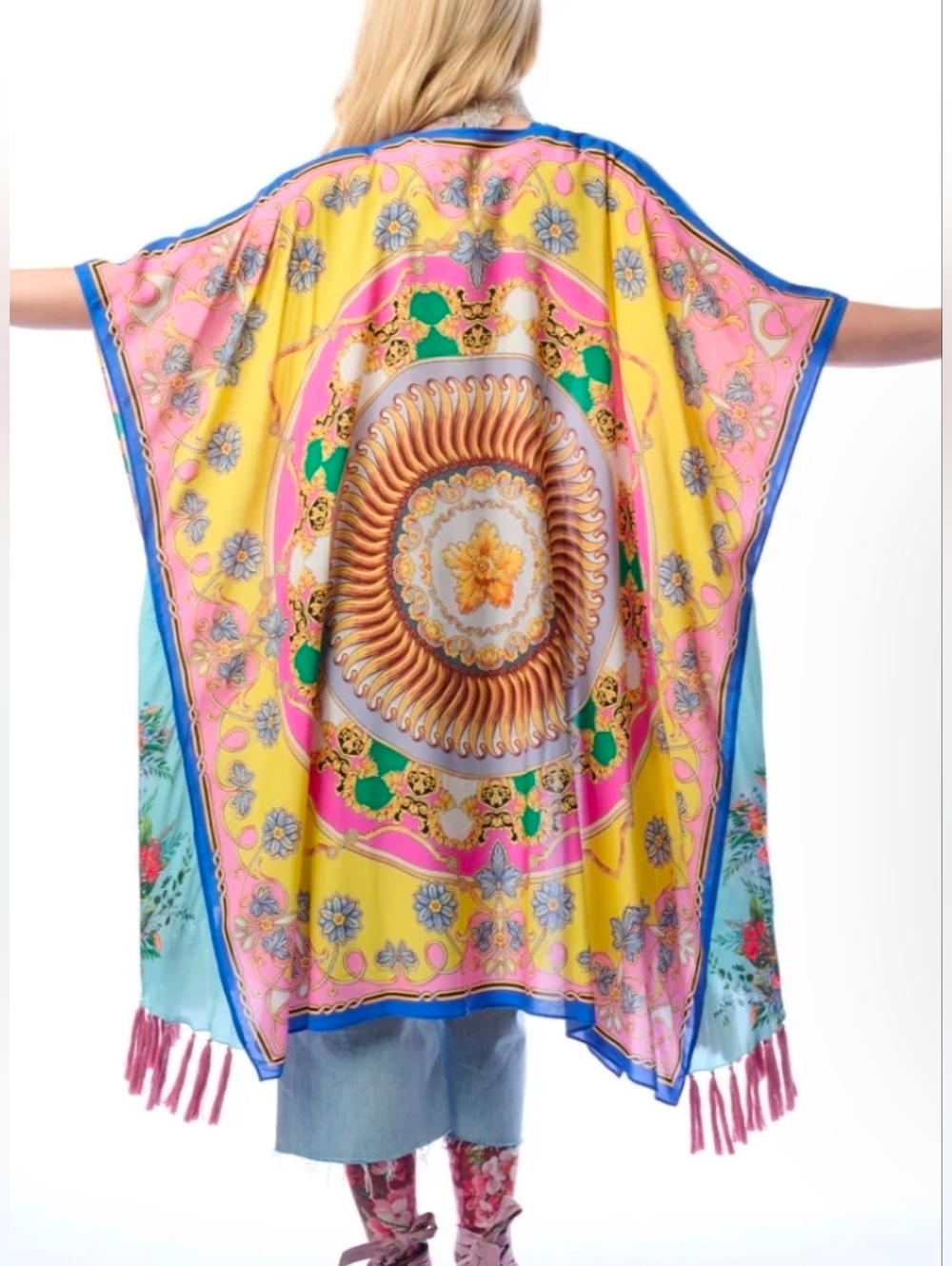 Aratta Jianna Kimono Vibrant Boho Silk-Style Kimono - Yellow Pink Blue